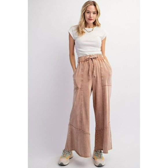 Chill Vibes Mineral Washed Terry Knit Wide Leg Pants in Cappuccino - Picture 2 of 5